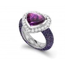 Delicate Micro Pave Round Brilliant Cut & Heart Purple Sapphires & Diamonds Halo Ring