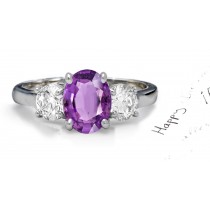 Oval Purple Sapphire Three-Stone Sapphire Engagement Ring with Trapezoid Diamonds