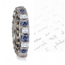 Circle of White & Blue Princess Cut Diamonds Sparkling in Bar Settings  in Platinum or 18k Gold