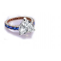 Ring with Heart Diamond & Pave Set Diamonds & Blue Sapphires in Gold or Platinum