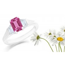 Emerald Pink Sapphire Three Stone Sapphire Engagement Ring with Trapezoid Diamonds in 14k White Gold