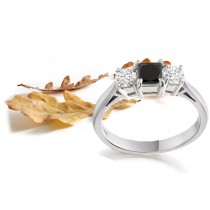 Square Black Sapphire Three Stone Sapphire Engagement Ring with Round Sapphires in 14k White Gold