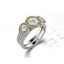 Delicate Micro Pave Halo Vivid Yellow Sapphires & Brilliant-Cut Round Diamonds Designer Engagement Rings