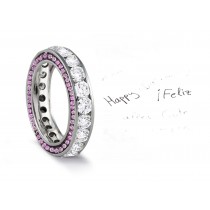 Micro pave Halo Brilliant Round Diamond & Vivid Pink Sapphire Eternity Rings