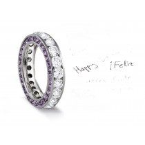 Micro pave Halo Brilliant Cut Round Diamond & Purple Sapphire Eternity Rings