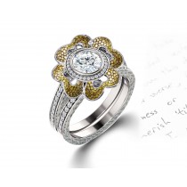 Delicate Micro Pave Halo Vivid Flower Yellow Sapphires & Brilliant-Cut Round Diamonds Designer Engagement Rings