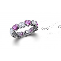 Delicate Heart Shaped Diamond Bezel Set Pink Sapphire & Diamond Eternity Rings