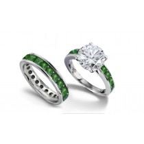 Colored Designs: New! Large Round Shape Emerald Gemstone Diamond Three-Stone Ring in 14k White Gold With Photographs