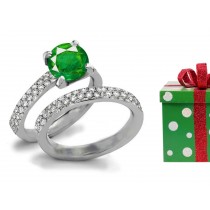 Specially Prepared Classic & Elegant Design French Pave' Green Emerald & Diamond Ring in 14k White Gold Platinum
