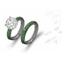 Divine Offerings: Round Shaped Diamond atop French Micropave Natual Emerald & Diamond Sprinkle Ring & Eternity Band