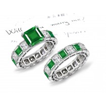 Speaks of Beauty: Especially Pleasing "Special Design" Princess Cut Beautiful Color Emerald & Diamond Ring & Diamond Eternity Band