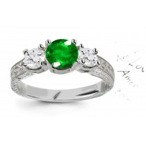Find Treasures: Antique Style Round Emerald & Diamond 3 Stone Gold Engagement Ring