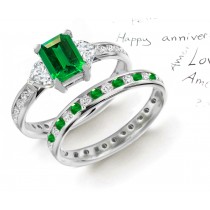 AVAILABLE IN STOCK: 14k Gold & Platinum Emerald Cut Emerald & Heart Diamond 3 Stone Ring & Diamond Band 50% Savings