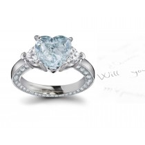 Center Heart Blue Diamond & Heart White Diamonds Accents Three Stone Engagement Ring in Platinum Mounting