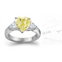 Twin-Tone Sparkling Center Heart Yellow Diamond & Pear Shaped White Diamond Accents Engagement Ring