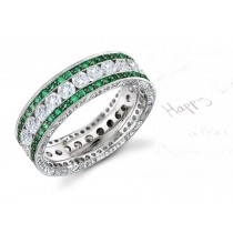 Emerald & Diamond Band Bordered with 2 Rows of Diamonds, Engraved Sides