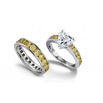 Yellow Diamond Eternity Wedding Band & Matching Engagement Ring with Heart Diamond atop Yellow Diamond Band
