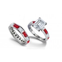 Emerald Cut Diamond & Baguette Ruby Ring & Sapphire Gold Band