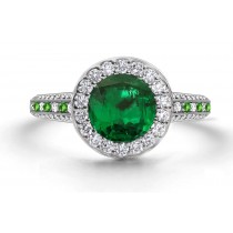 Latest Collection: Delicate Halo Micropave Side Accents Green Emeralds & Diamonds Engagement Rings