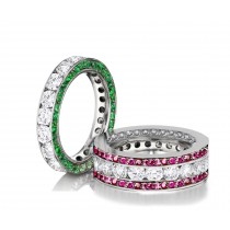 Made to Order Channel Set Brilliant Cut Round Diamonds, Emeralds & Pink Sapphires Set Eternity Rings & Stackable Bands