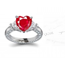 Three Stone Heart Ruby & Heart Diamond Halo Ring in 1.0 to 2.5 carats