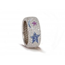 High Quality French pavee Multi-Colored Sapphire & Brilliant-Cut Round Diamond Moon & Stars Eternity Rings & Bands