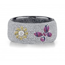 Delicate French pavee Sparkling Brilliant-Cut Round Diamonds & Vivid Multi-Colored Precious Stones Eternity Rings & Bands Featuring Vintage Flowers & Butterflies