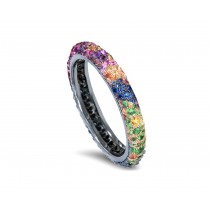 Delicate Women's Eternity Rings Featuring Multi-Colored Diamonds and Gemstones in Halo Precision Micro pave Settings