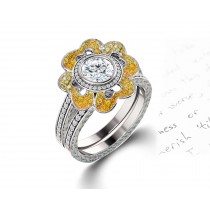 Delicate Micro Pave Halo Vivid Flower Yellow Sapphires & Brilliant-Cut Round Diamonds Designer Engagement Rings