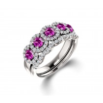 Delicate Micro Pave Halo Vivid Pink Sapphires & Brilliant-Cut Round Diamonds Designer Engagement Rings