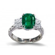 Three Stone Ring with Oval Emerald & White Diamond Accents in Gold or Platinum