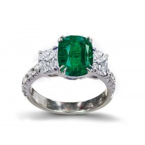 Three Stone Ring with Oval Emerald & White Diamond Accents in Gold or Platinum