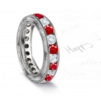 Ruby & Diamond Wedding Band with Scrolls Motifs on Sides in 14k Gold