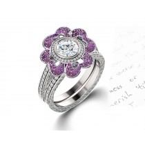 Delicate Micro Pave Halo Vivid Flower Purple Sapphires & Brilliant-Cut Round Diamonds Designer Engagement Rings