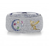 Delicate French pavee Sparkling Brilliant-Cut Round Diamonds & Vivid Multi-Colored Precious Stones Eternity Rings & Bands Featuring Fairy, Moon & Stars