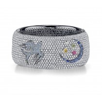 Delicate French pavee Sparkling Brilliant-Cut Round Diamonds & Vivid Multi-Colored Precious Stones Eternity Rings & Bands Featuring Bird, Moon & Stars