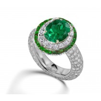 Latest Collection: Delicate Halo Micropave Side Accents Green Emeralds & Diamonds Engagement Rings