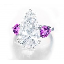Pear-Shaped Diamond & Heart Purple Sapphire Three Stone Engagement and Right Hand Rings