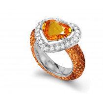 Delicate Micro Pave Round Brilliant Cut & Heart Orange Sapphires & Diamonds Halo Ring