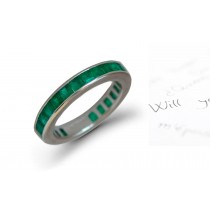  Emerald Eternity Band: Stylish Emerald Square and Princess Cut Diamonds Channel Set Rings in 14K White Gold.