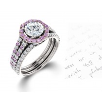 Vibrant Pink Sapphires and Diamonds Halo Micropave Engagement Rings With Vivid Colored Gemstone Accents