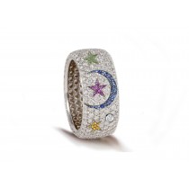 High Quality French pavee Multi-Colored Sapphire & Brilliant-Cut Round Diamond Moon & Stars Eternity Rings & Bands