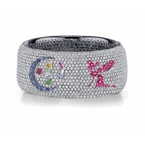 Delicate French pavee Sparkling Brilliant-Cut Round Diamonds & Vivid Multi-Colored Precious Stones Eternity Rings & Bands Featuring Fairy, Moon & Stars