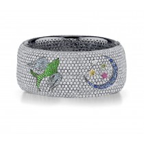 Delicate French pavee Sparkling Brilliant-Cut Round Diamonds & Vivid Multi-Colored Precious Stones Eternity Rings & Bands Featuring Bird, Moon & Stars
