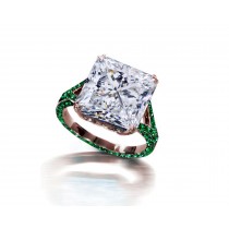 Ring with Square Diamond & Pave Set Emeralds & White Diamonds in Gold or Platinum