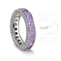 Purple Sapphire Engraved Wedding Bands