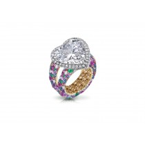 Halo Heart Diamond Ring with Diamonds & Rainbow Sapphires in Gold or Platinum