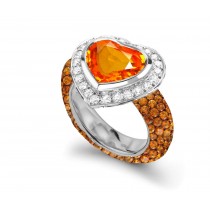 Delicate Micro Pave Round Brilliant Cut & Heart Orange Sapphires & Diamonds Halo Ring