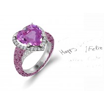 Custom Manufactured Precision Set Pave Halo Brilliant Round Diamonds & Heart Pink Sapphire Rings