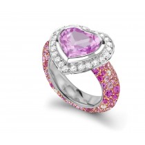 Delicate Micro Pave Round Brilliant Cut & Heart Pink Sapphires & Diamonds Halo Ring